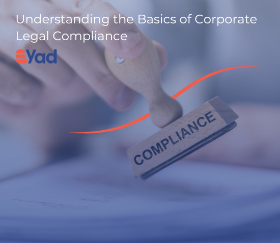 Hand stamping a document with the word "COMPLIANCE," symbolizing corporate legal compliance processes in Saudi Arabia. Eyad logo in corner.