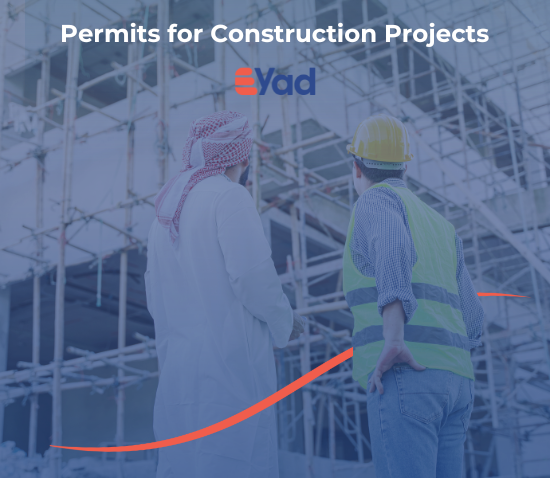Two men—one in traditional Saudi attire and the other in construction gear—discuss building plans in front of a construction site scaffold, representing Eyad's expertise in permits for construction projects in Saudi Arabia.